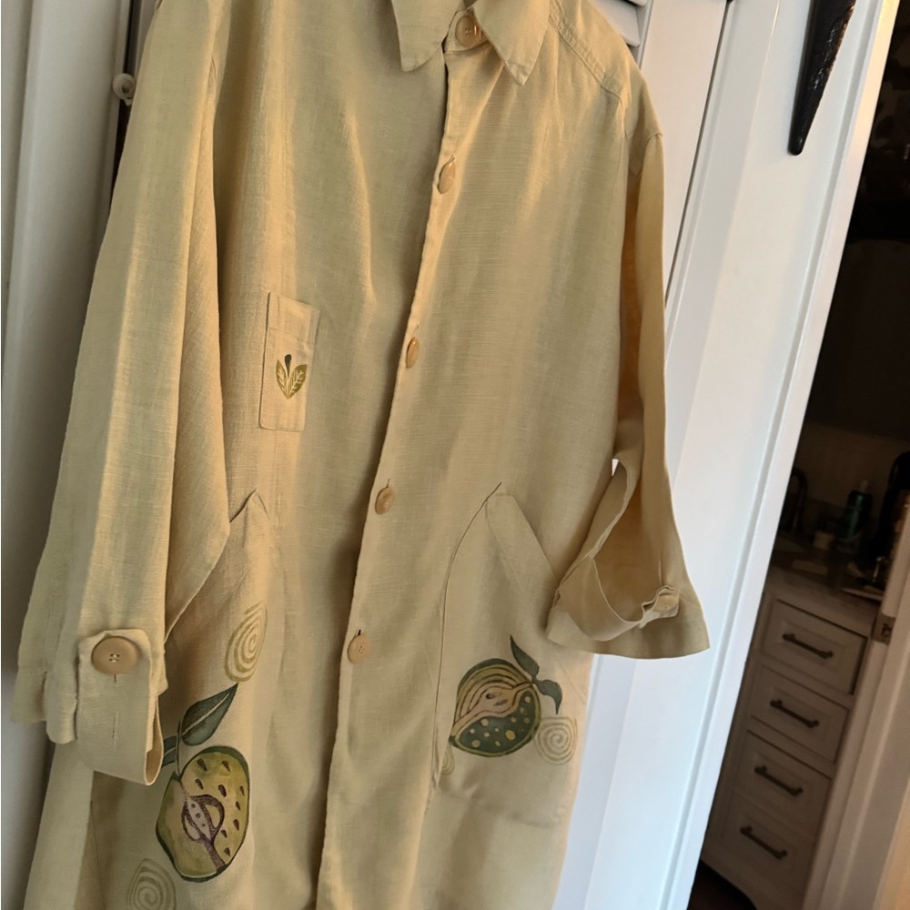 Blue Fish Hemp Linen Duster Jacket Dress Button Down Hand Paint Apples 1999 - Picture 10 of 16